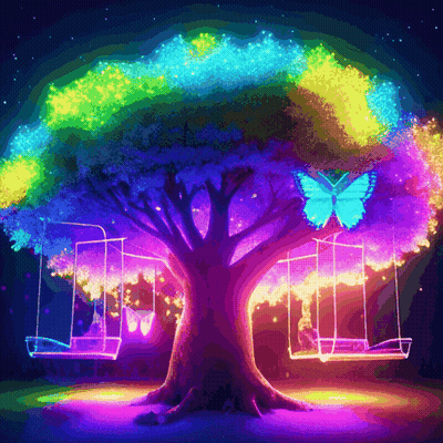 A Colorful Tree With Swings Underneath It And A Blue Butterfly On Top GIF