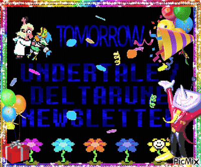 A Colorful Undertale Deltarune Banner With Balloons And Flowers GIF