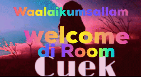 A Colorful Welcome To Room Cuek Sign With A Silhouette Of A Person In The Background GIF