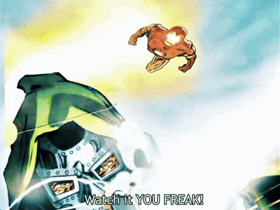 A Comic Book Character Is Flying Through The Air With The Words Watch It You Freak Below Him GIF