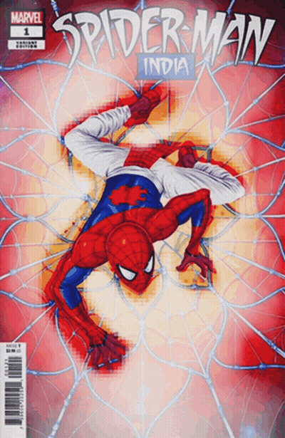 A Comic Book Cover For Spider-Man India With A Spider On It GIF