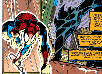 A Comic Book Shows A Spider-Man Hanging From A Rope GIF