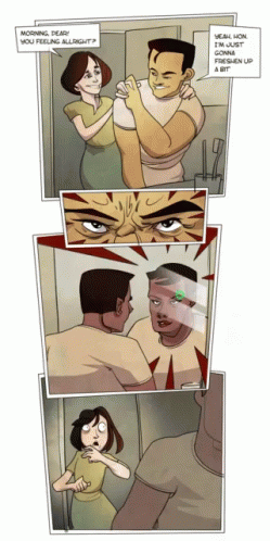 A Comic Strip Shows A Man And A Woman Looking At Themselves In The Mirror GIF