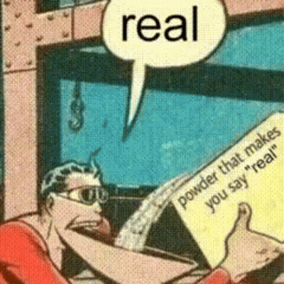 A Comic Strip Shows A Man Holding A Box That Says Powder That Makes You Say " Real " GIF