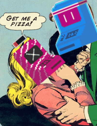 A Comic Strip Shows A Man Holding A Woman With A Box On Her Head That Says ' Get Me A Pizza ' GIF