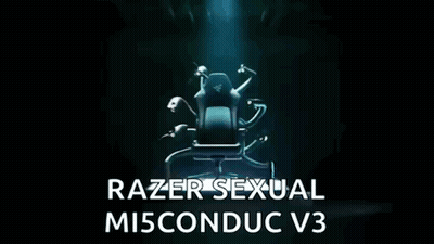 A Computer Chair With The Words Razer Sexual Misconduct V3 Below It GIF