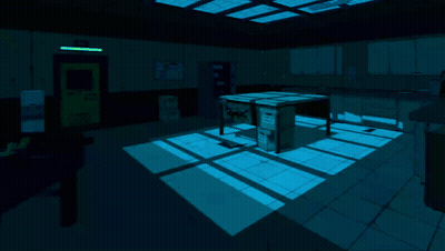 A Computer Desk In A Dark Room With A Light Shining Through The Windows GIF