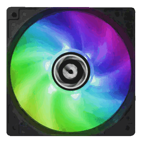A Computer Fan With A Rainbow Colored Swirl Around It Sticker