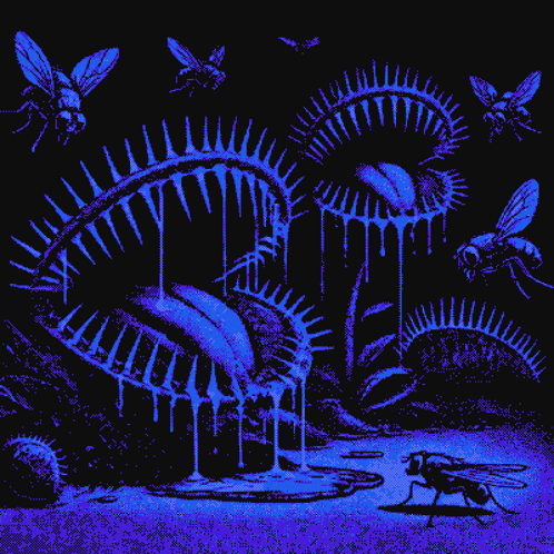 A Computer Generated Image Of A Carnivorous Plant With Flies Around It GIF