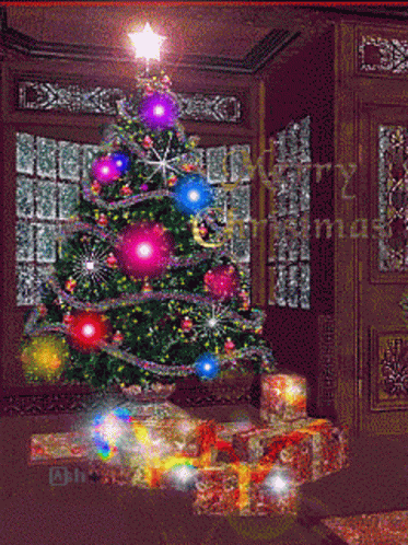 A Computer Generated Image Of A Christmas Tree With The Words Merry Christmas Written On The Bottom GIF