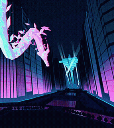 A Computer Generated Image Of A City At Night With A Dragon In The Foreground GIF