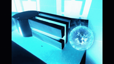 A Computer Generated Image Of A Cube And A Sphere In A Blue Room GIF