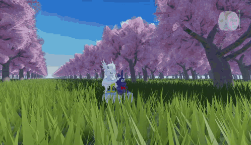 A Computer Generated Image Of A Field With Trees And Flowers GIF