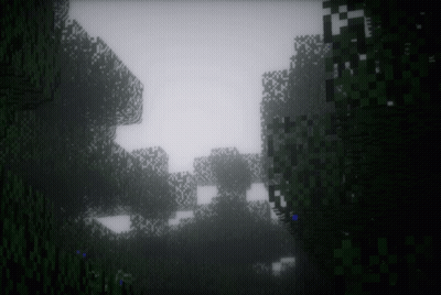 A Computer Generated Image Of A Foggy Forest With Trees And Bushes GIF