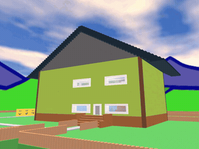A Computer Generated Image Of A Green House With A Gray Roof GIF