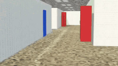 A Computer Generated Image Of A Hallway With A Red Pillar In The Middle GIF