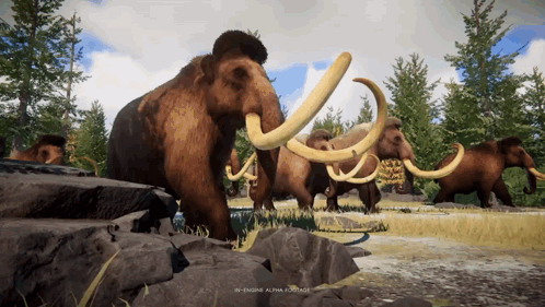 A Computer Generated Image Of A Herd Of Mammoths With The Words In Engine Alpha Footage Below Them GIF