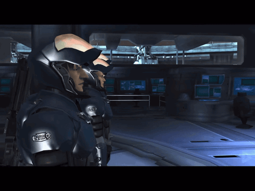 A Computer Generated Image Of A Man In A Helmet With The Letter N On His Chest GIF