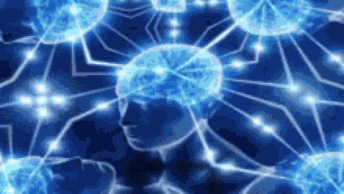 A Computer Generated Image Of A Person 'S Head With A Brain Surrounded By Glowing Lines And Lights . GIF