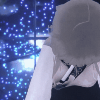 A Computer Generated Image Of A Person Standing In Front Of A Window With Blue Lights Behind Them GIF