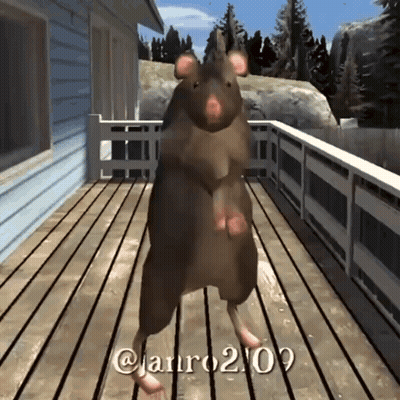 A Computer Generated Image Of A Rat Standing On A Wooden Deck . GIF