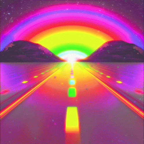 A Computer Generated Image Of A Road With A Rainbow In The Sky . GIF