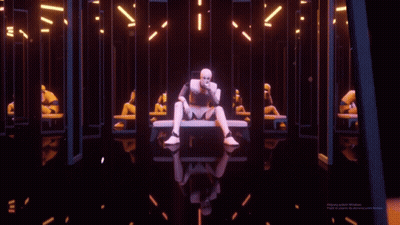 A Computer Generated Image Of A Robot Sitting In Front Of A Row Of Other Robots GIF