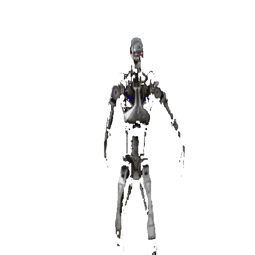 A Computer Generated Image Of A Robot With Red Eyes Standing On A White Background Sticker