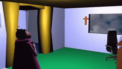 A Computer Generated Image Of A Room With A Chair And A Cross On The Wall GIF