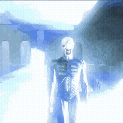 A Computer Generated Image Of A Skeleton Standing In A Dark Room GIF