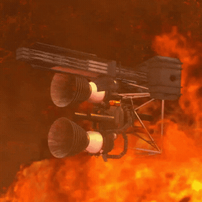 A Computer Generated Image Of A Space Ship Flying Through A Fiery Sky GIF