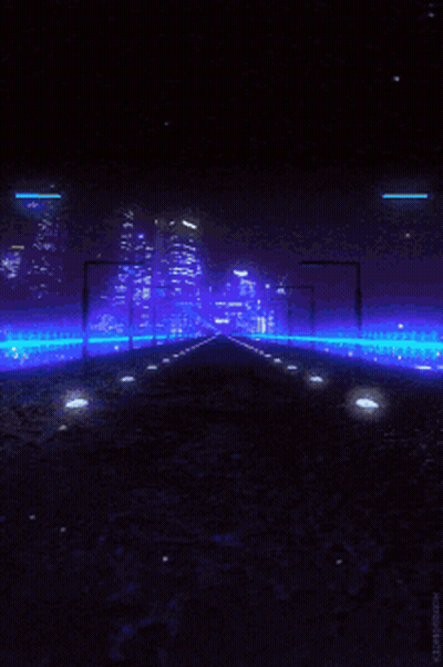 A Computer Generated Image Of A Street At Night With A City In The Background And A Purple Light GIF
