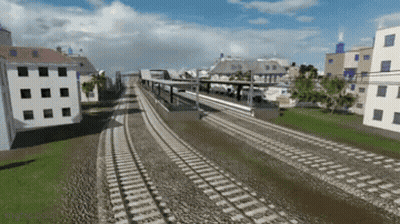 A Computer Generated Image Of A Train Track In A Residential Area GIF