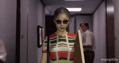 A Computer Generated Image Of A Woman Smoking A Cigarette And Holding A Piece Of Wood With The Word Morphin Below Her GIF