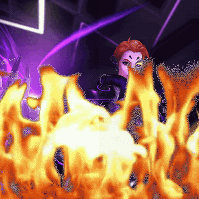 A Computer Generated Image Of A Woman Surrounded By Purple And Orange Flames GIF
