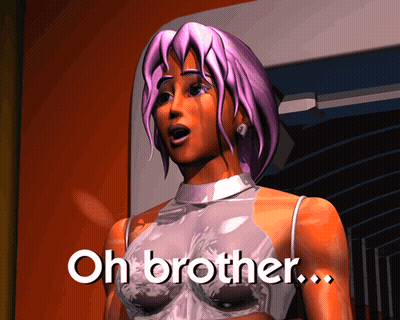 A Computer Generated Image Of A Woman With Purple Hair Says Oh Brother GIF