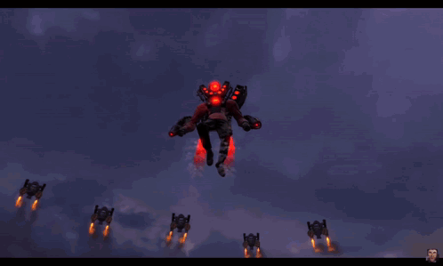 A Computer Generated Image Of An Explosion With A Man In The Corner GIF