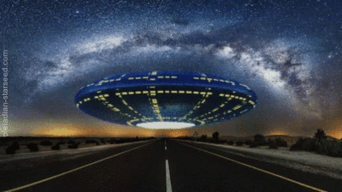 A Computer Generated Image Of An Ufo Flying Over A Highway With The Website Pleiadian-Starseed.com In The Corner GIF