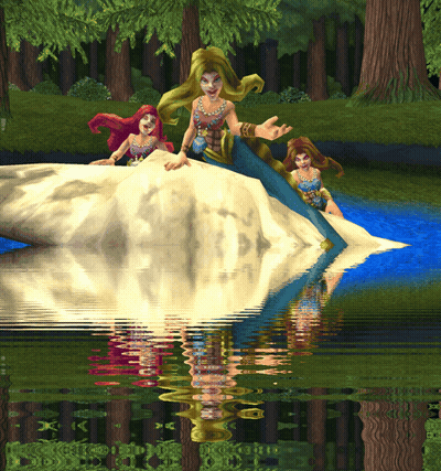 A Computer Generated Image Of Three Mermaids In A River GIF