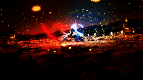 A Computer Generated Image Of Two People Fighting In A Destroyed City GIF