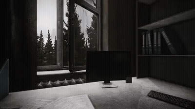 A Computer Is Sitting On A Desk In Front Of A Window In A Dark Room . GIF