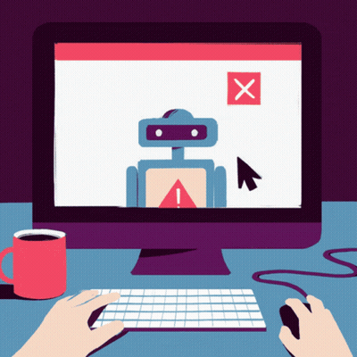 A Computer Monitor Shows A Robot With An Exclamation Point And An X GIF