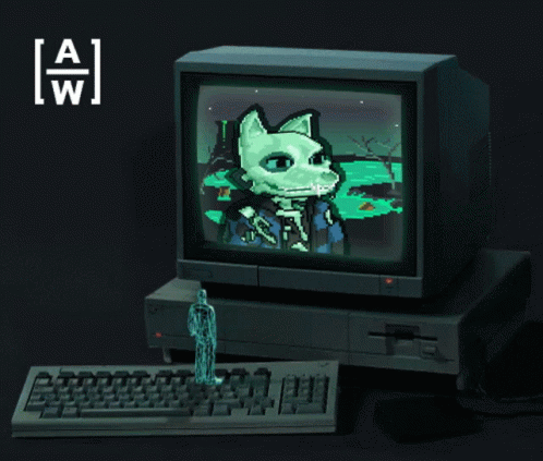 A Computer Monitor With A Cat On It And The Letters A And W On It GIF