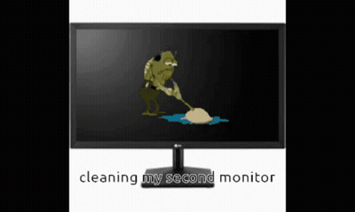 A Computer Monitor With A Picture Of A Frog And The Words " Cleaning My Second Monitor " GIF