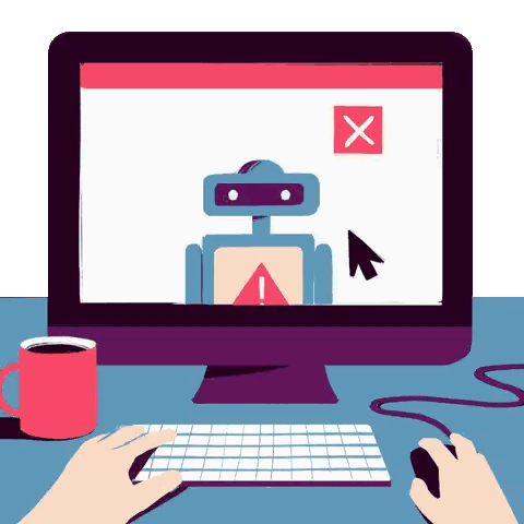 A Computer Monitor With A Robot On It And A Red X On The Screen Sticker
