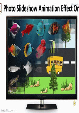 A Computer Monitor With A School Bus And Fish On It And The Words Photo Slideshow Animation Effect On The Bottom GIF