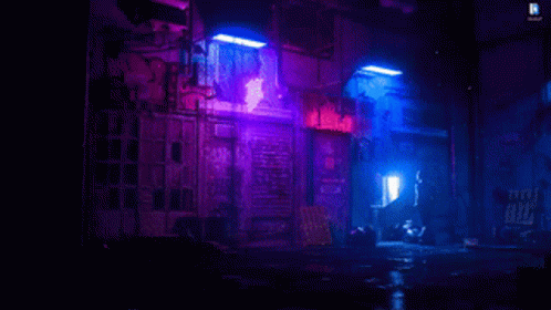 A Computer Screen Shows A Dark Alleyway At Night With Purple And Blue Lights GIF
