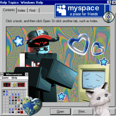 A Computer Screen Shows A Game Called Minesweeper And A Sign That Says Myspace A Place For Friends GIF
