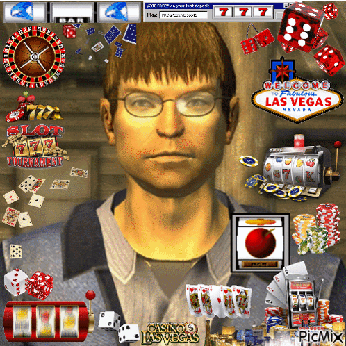 A Computer Screen Shows A Man Surrounded By Casino Las Vegas Icons GIF
