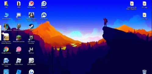 A Computer Screen Shows A Painting Of A Man Standing On Top Of A Mountain Surrounded By Trees GIF